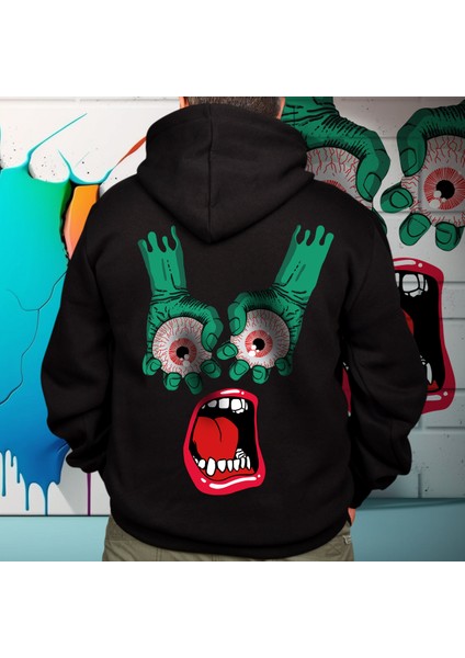 Eyes In Hand Illüstratif Baskılı Oversize Hoodie Sweatshirt Siyah