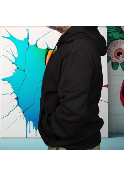 Eyes In Hand Illüstratif Baskılı Oversize Hoodie Sweatshirt Siyah modelleri
