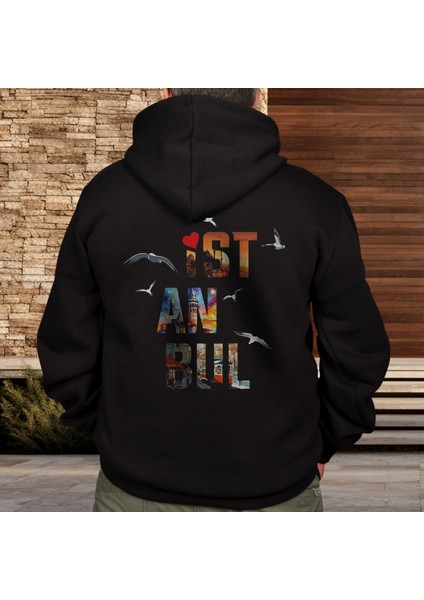 Istanbul Illüstratif Baskılı Oversize Hoodie Sweatshirt Siyah