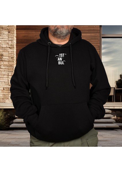 Istanbul Illüstratif Baskılı Oversize Hoodie Sweatshirt Siyah