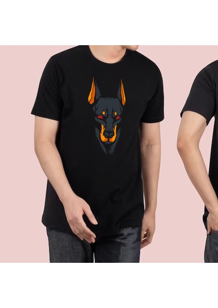 Doberman Baskılı Bisiklet Yaka 100% Pamuklu Tişört Siyah