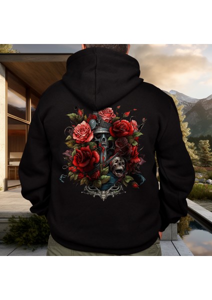 Skull Rose Illüstratif Baskılı Oversize Hoodie Sweatshirt Siyah