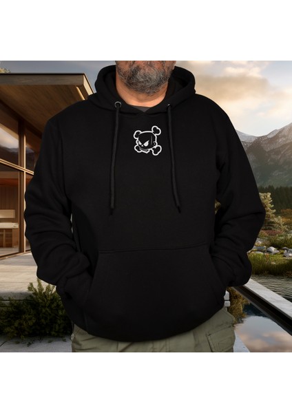Skull Rose Illüstratif Baskılı Oversize Hoodie Sweatshirt Siyah