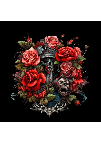 Skull Rose Illüstratif Baskılı Oversize Hoodie Sweatshirt Siyah