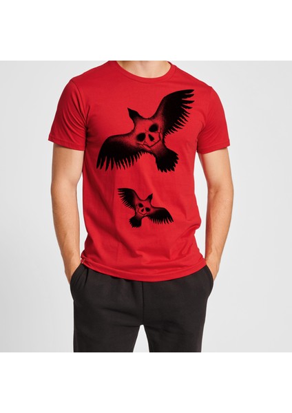 Skull Crow Tasarım Baskılı Bisiklet Yaka 100% Pamuklu Tişört Siyah