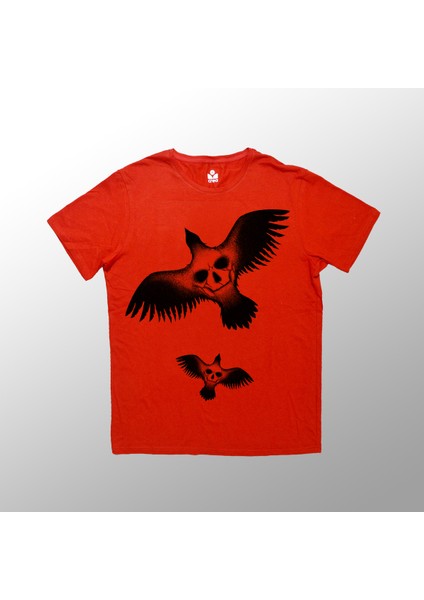 Skull Crow Tasarım Baskılı Bisiklet Yaka 100% Pamuklu Tişört Siyah