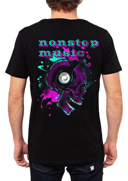 Skull Music Büyük Sırt Tasarım Baskılı Bisiklet Yaka 100% Pamuklu Tişört Siyah