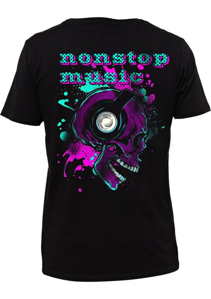 Skull Music Büyük Sırt Tasarım Baskılı Bisiklet Yaka 100% Pamuklu Tişört Siyah