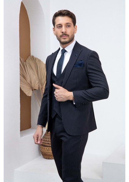 Lacivert Çizgili Slim Fit Yelekli Erkek Takım Elbise