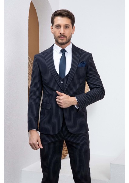 Lacivert Çizgili Slim Fit Yelekli Erkek Takım Elbise