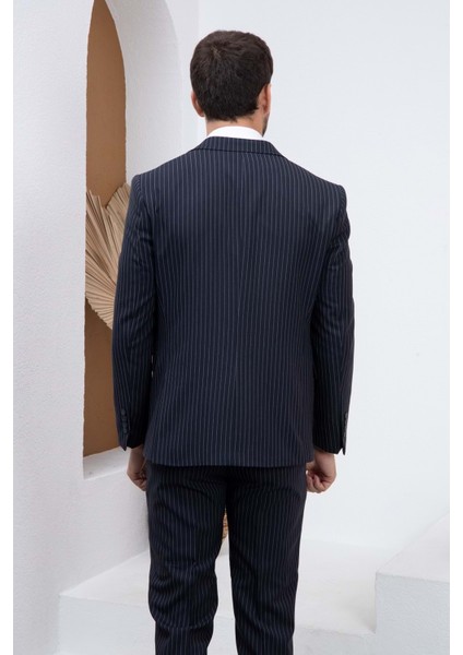 Lacivert Çizgili Slim Fit Yelekli Erkek Takım Elbise