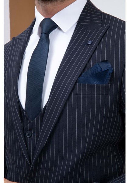 Lacivert Çizgili Slim Fit Yelekli Erkek Takım Elbise