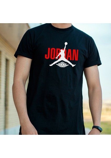 Jordan Air Tasarım Baskılı Bisiklet Yaka 100% Pamuklu Tişört Siyah