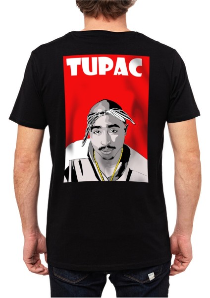 Tupac Büyük Sırt Tasarım Baskılı Bisiklet Yaka 100% Pamuklu Tişört Siyah