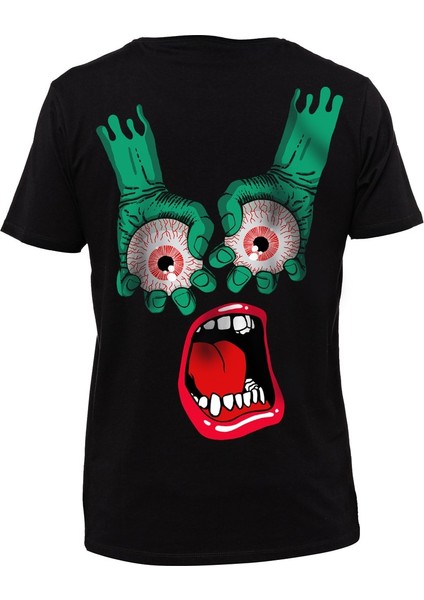 Eyes In Hand Büyük Sırt Tasarım Baskılı Bisiklet Yaka 100% Pamuklu Tişört Siyah