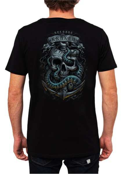 Skull Kraken Büyük Sırt Tasarım Baskılı Bisiklet Yaka 100% Pamuklu Tişört Siyah
