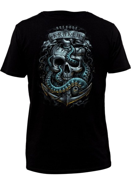 Skull Kraken Büyük Sırt Tasarım Baskılı Bisiklet Yaka 100% Pamuklu Tişört Siyah