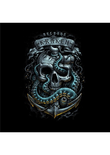 Skull Kraken Büyük Sırt Tasarım Baskılı Bisiklet Yaka 100% Pamuklu Tişört Siyah