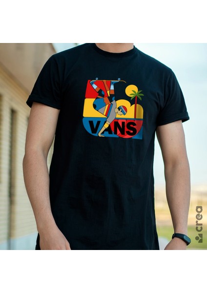 Wans Skateboard Tasarım Baskılı Bisiklet Yaka 100% Pamuklu Tişört Siyah