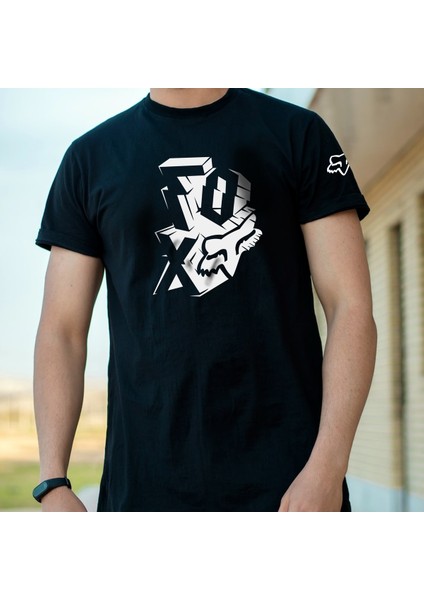Fox Motorsport Tasarım Baskılı Bisiklet Yaka 100% Pamuklu Tişört Siyah