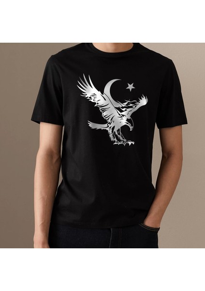 Kartal Ay Yıldız Tasarım Baskılı Bisiklet Yaka 100% Pamuklu Tişört Siyah
