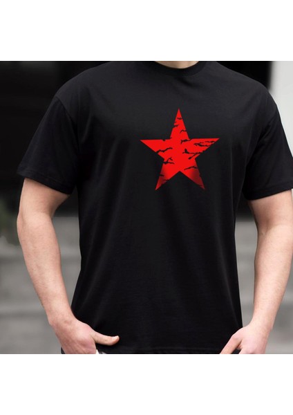 Red Star Tasarım Baskılı Bisiklet Yaka 100% Pamuklu Tişört Siyah