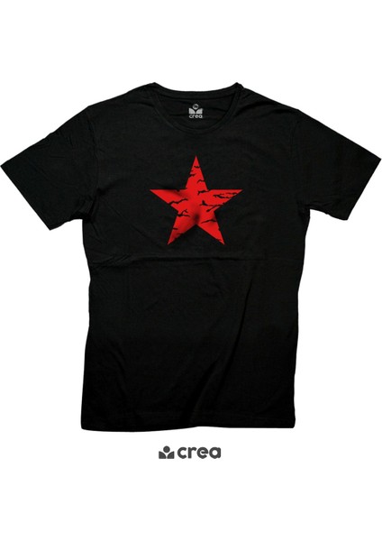 Red Star Tasarım Baskılı Bisiklet Yaka 100% Pamuklu Tişört Siyah