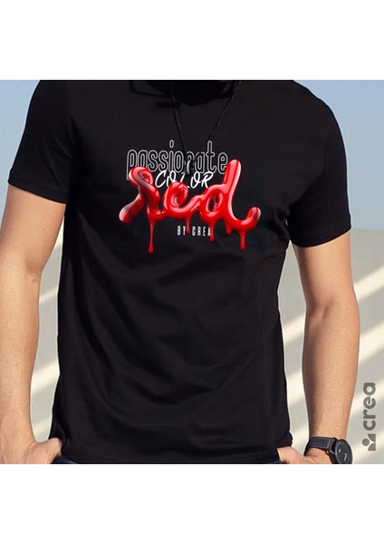 Red Color Tasarım Baskılı Bisiklet Yaka 100% Pamuklu Tişört Siyah