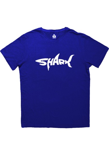 Shark Desen Baskılı Bisiklet Yaka 100% Pamuklu Tişört Saks Mavi