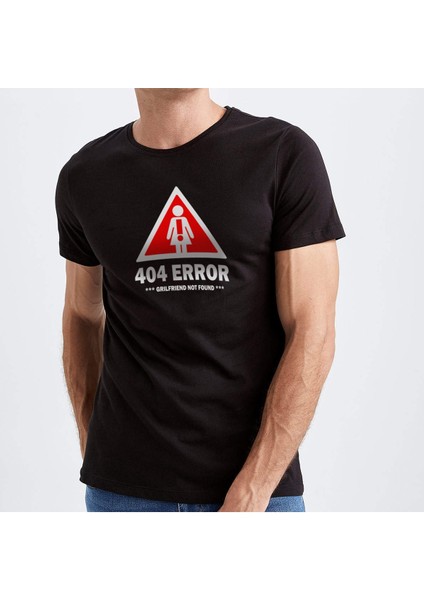404 Not Found Desen Baskılı Bisiklet Yaka 100% Pamuklu Tişört Siyah