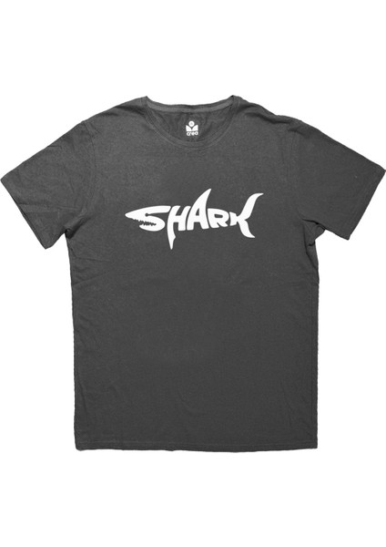 Shark Desen Baskılı Bisiklet Yaka 100% Pamuklu Tişört Antrasit