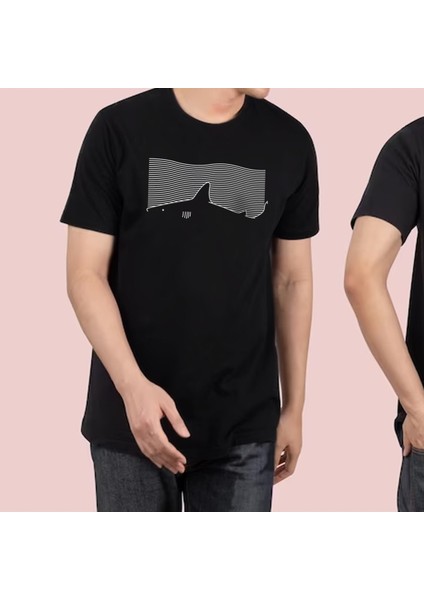 Çizgisel Shark Desenli Desen Baskılı Bisiklet Yaka 100% Pamuklu Tişört Siyah