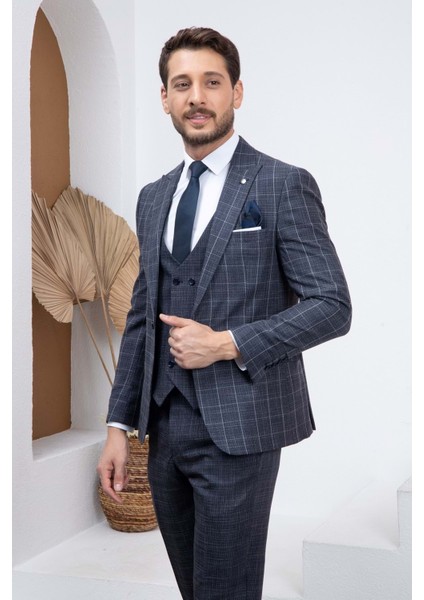 Lacivert Ekoseli Kombin Slimfit Erkek Takım Elbise