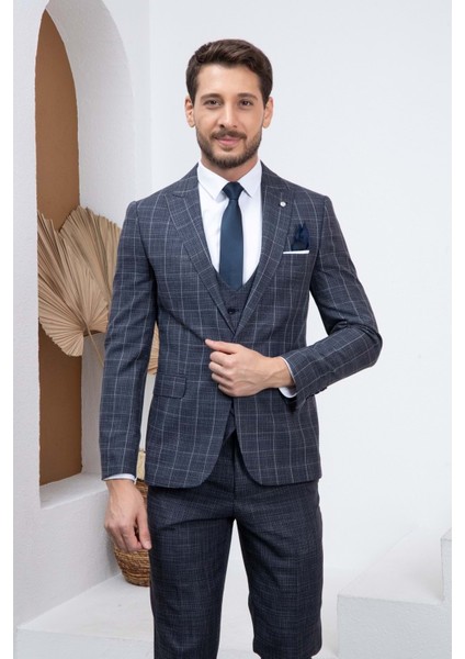 Lacivert Ekoseli Kombin Slimfit Erkek Takım Elbise