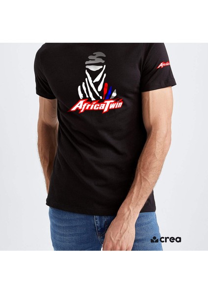 Dakar Africa Twin Dijital Baskılı Bisiklet Yaka 100% Pamuklu Tişört Siyah