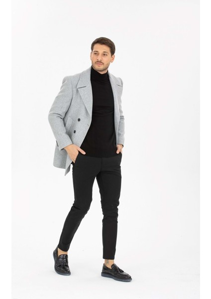 Açık Gri Desenli Kaşmir Slim Fit Kruvaze Erkek Kısa Palto