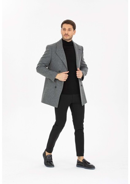 Gri Desenli Kaşmir Slim Fit Kruvaze Erkek Kısa Palto