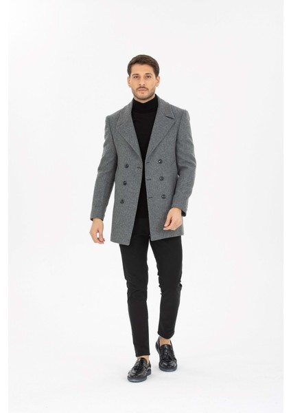 Gri Desenli Kaşmir Slim Fit Kruvaze Erkek Kısa Palto