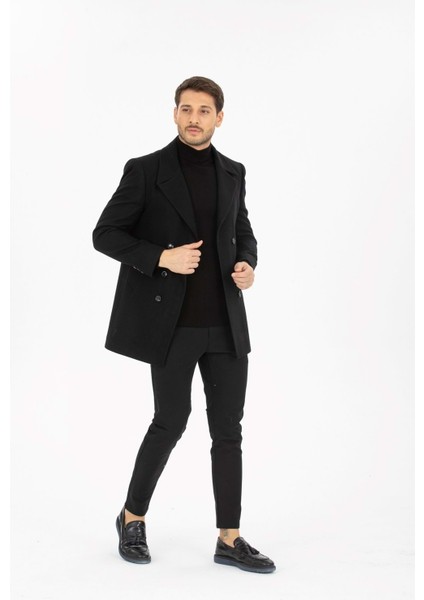 Siyah Desenli Kaşmir Slim Fit Kruvaze Erkek Kısa Palto