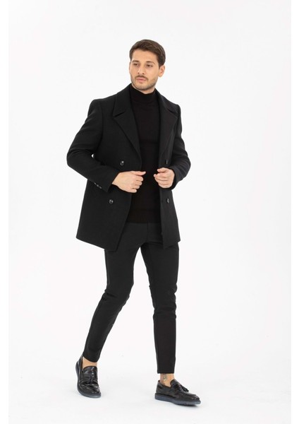 Siyah Desenli Kaşmir Slim Fit Kruvaze Erkek Kısa Palto