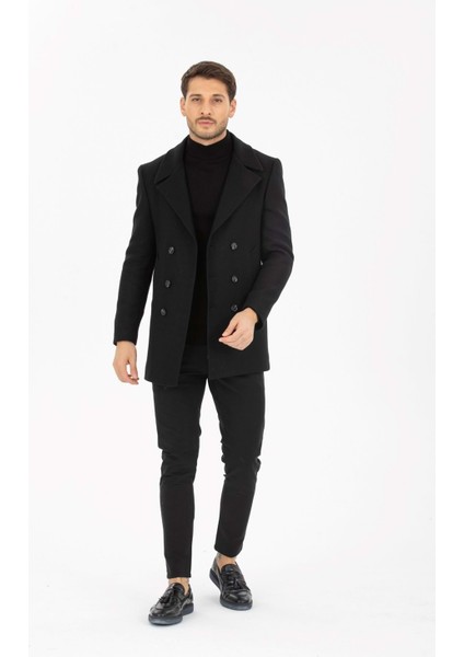 Siyah Desenli Kaşmir Slim Fit Kruvaze Erkek Kısa Palto