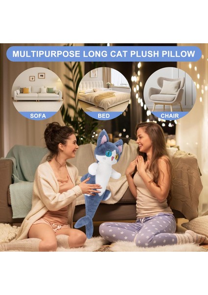Uzun Köpekbalığı Kedi Peluşu 19,6", Mavi Kedi Doldurulmuş Hayvan, Tek Gözlü Köpekbalığı Gövdesi Kedi Yüzü Yaratıcı Tasarım, Karikatür Uyku Sarılma Yastığı, Çocuklar Için Doğum Günü (Yurt Dışından)