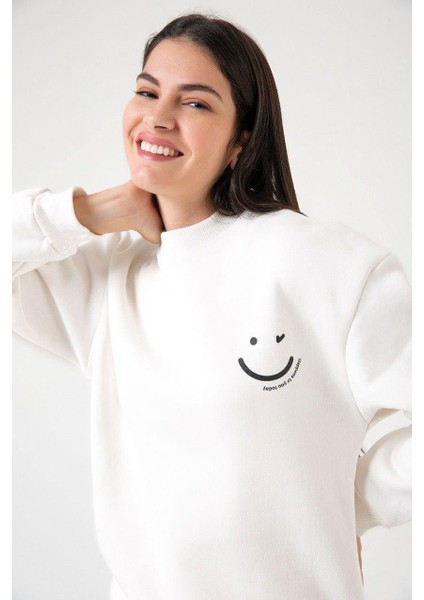 3 Ip Sıfıryaka Eşofman Takım Happy Baskılı Kol Ribana Paça Lastikli Beyaz