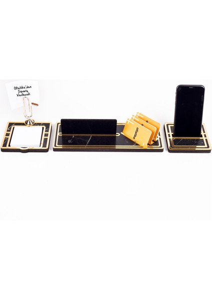 Vega Gold Çerçeveli Mermer Desenli Ataçlı Hediye Masa Isimliği Ahşap Masa Seti Ofis Masaüstü Isimlik