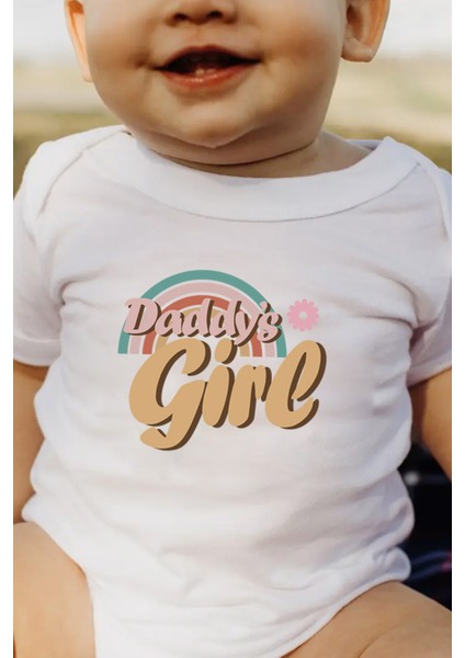Daddy's Girl Rainbow Babalar Günü Hediyesi Bebek Alttan Çıtçıtlı Body Zıbın - Beyaz