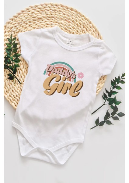 Daddy's Girl Rainbow Babalar Günü Hediyesi Bebek Alttan Çıtçıtlı Body Zıbın - Beyaz