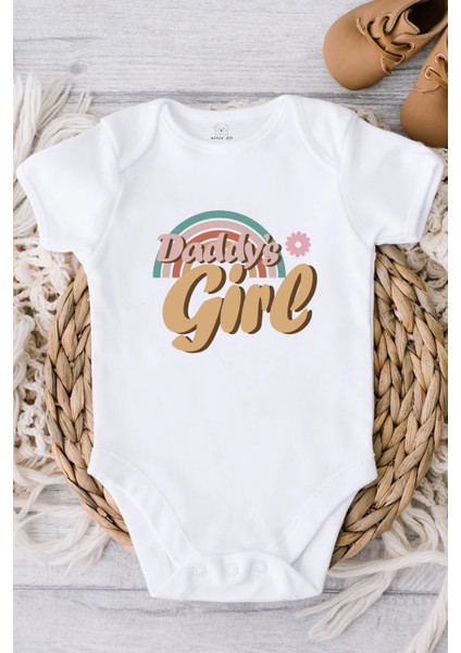 Daddy's Girl Rainbow Babalar Günü Hediyesi Bebek Alttan Çıtçıtlı Body Zıbın - Beyaz