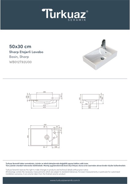 Turkuaz Seramik Sharp 50X30 cm Etajerli Lavabo