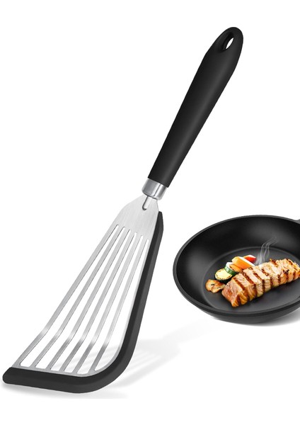 Yapışmaz Tencere Için Friekylin Silikon Balık Spatula, Pişirme Için Isıya Dayanıklı Silikon Saplı Oluklu Spatula Döndürücü (Siyah) (Yurt Dışından)