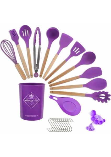 33 Pcs Mutfak Gereçleri Seti, Kikcoin Ahşap Saplı Silikon Pişirme Gereçleri Tutuculu Set, Spatula Silikon Isıya Dayanıklı Pişirme Aletleri Yapışmaz Tencere Için (Mor) (Yurt Dışından)